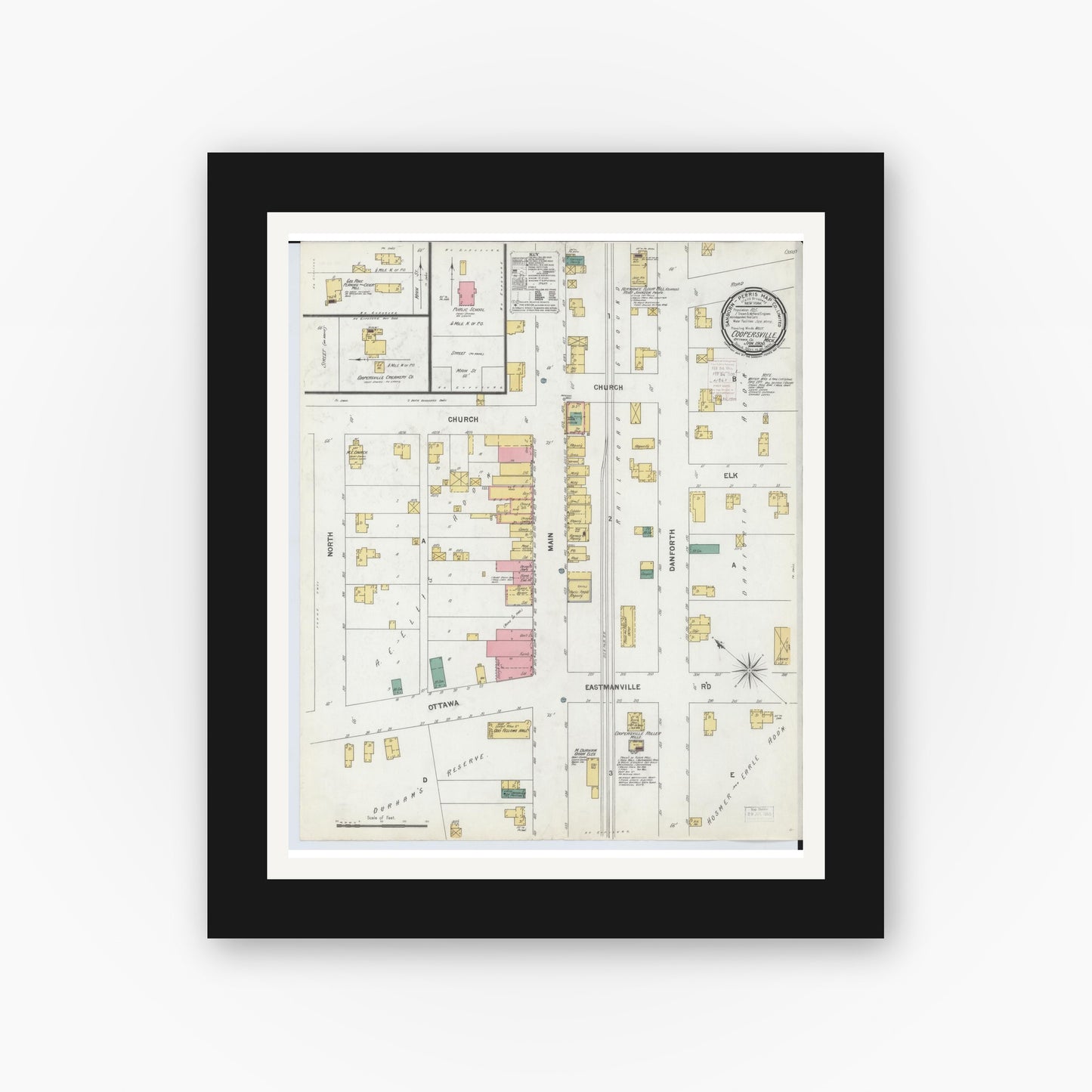 Old map wall art mockup — black gallery frame with white mat — Sanborn Fire Insurance Map from Coopersville, Ottawa County, Michigan (1900), Sheet #0001