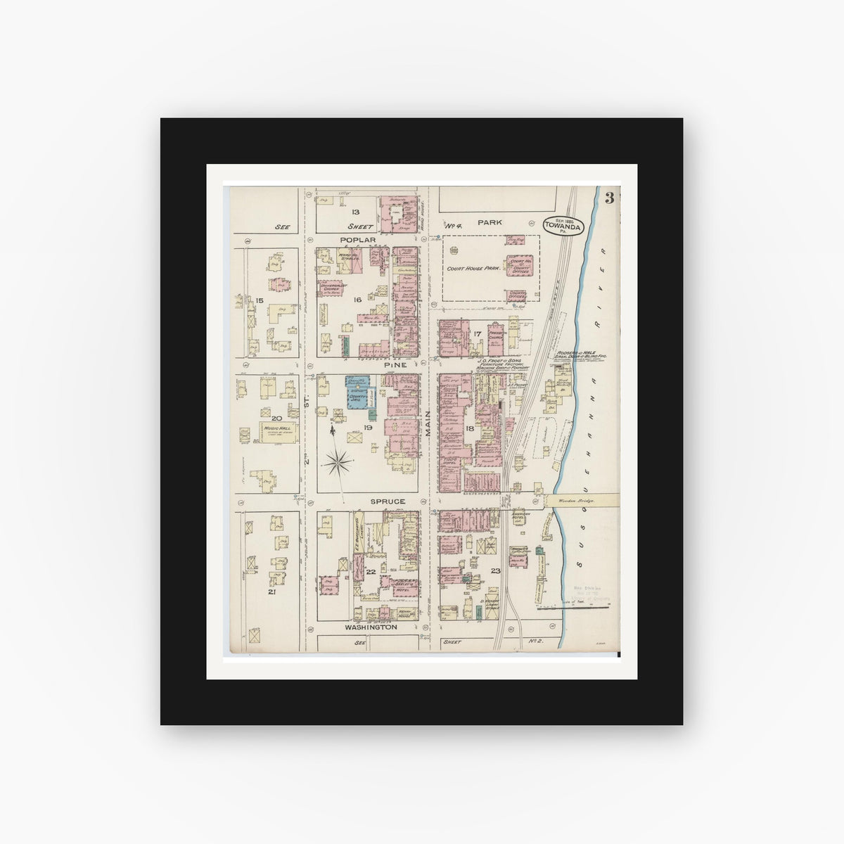 Old map wall art mockup — black gallery frame with white mat — Sanborn Fire Insurance Map from Towanda, Bradford County, Pennsylvania (1885), Sheet #0003