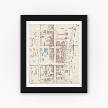 Old map wall art mockup — black gallery frame with white mat — Sanborn Fire Insurance Map from Towanda, Bradford County, Pennsylvania (1885), Sheet #0003
