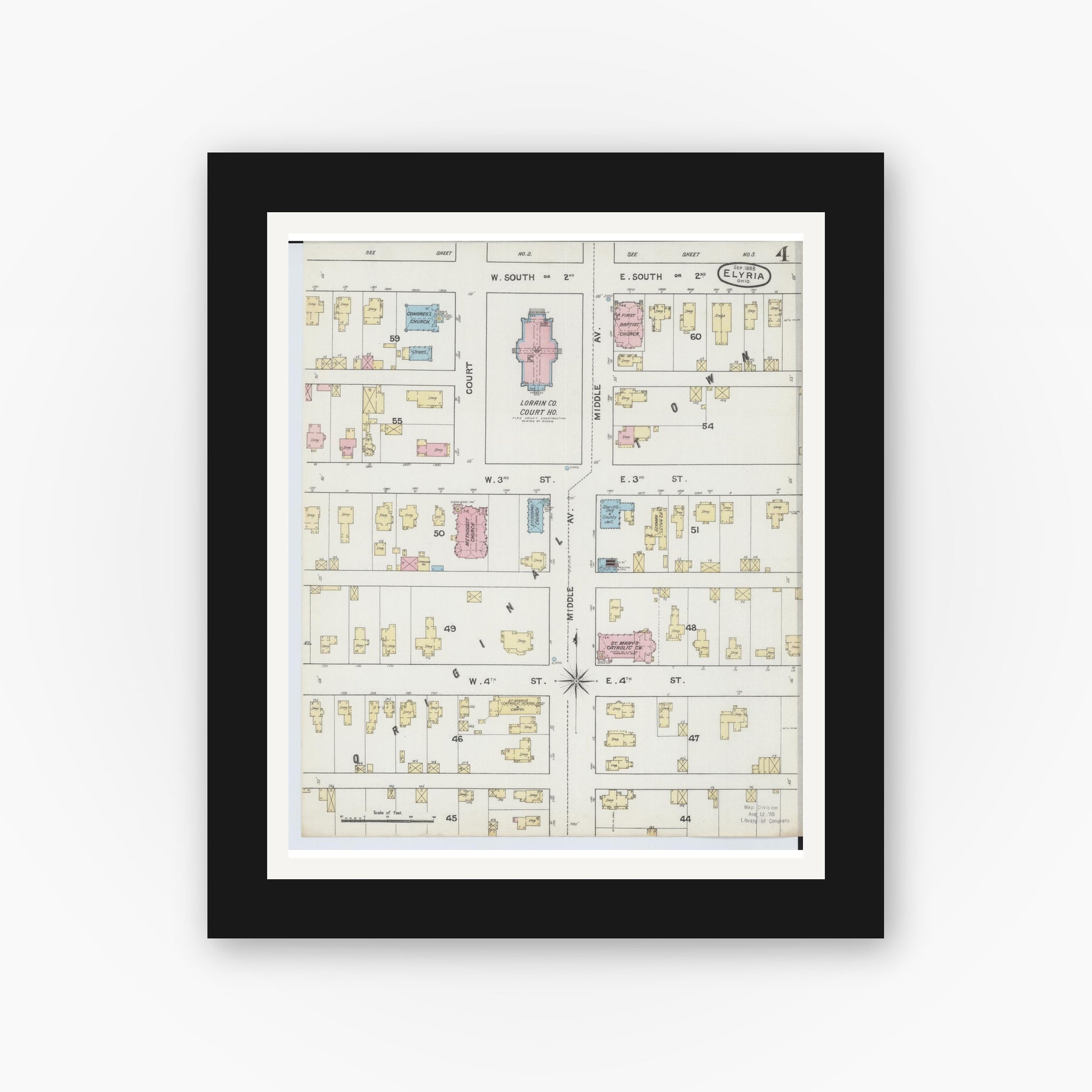 Old map wall art mockup — black gallery frame with white mat — Sanborn Fire Insurance Map from Elyria, Lorain County, Ohio (1888), Sheet #0004