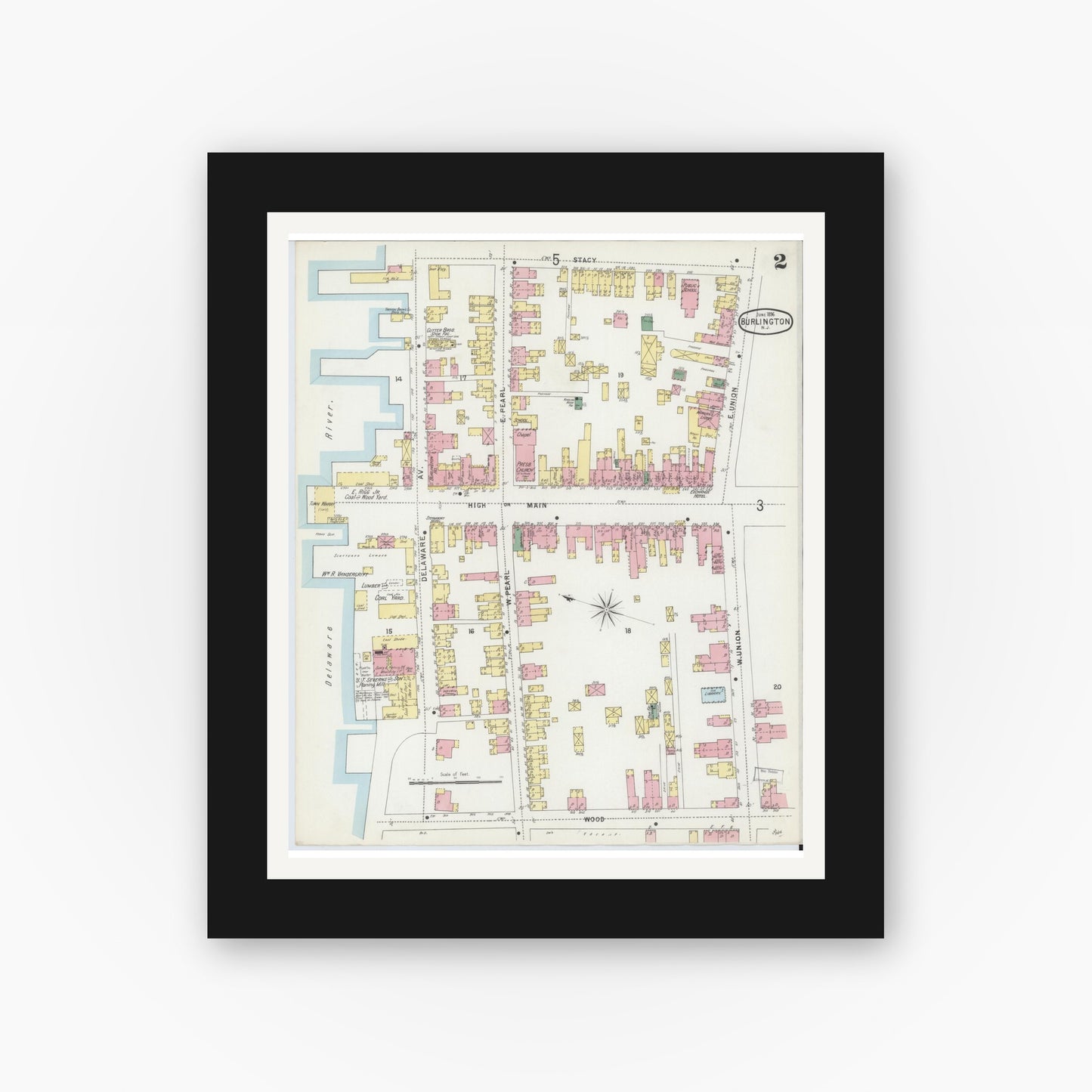 Old map wall art mockup — black gallery frame with white mat — Sanborn Fire Insurance Map from Burlington, Burlington County, New Jersey (1896), Sheet #0002
