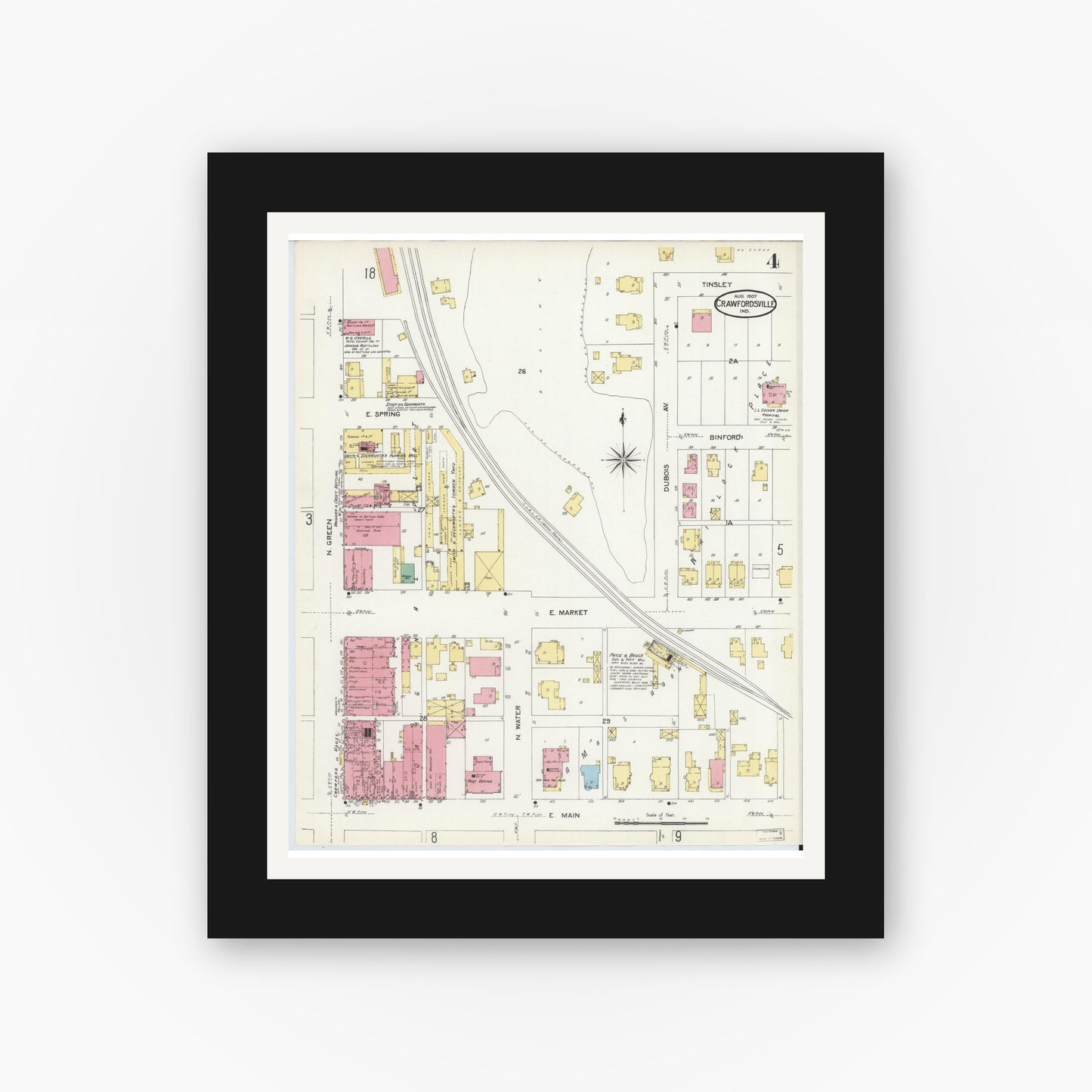 Old map wall art mockup — black gallery frame with white mat — Sanborn Fire Insurance Map from Crawfordsville, Montgomery County, Indiana (1907), Sheet #0004