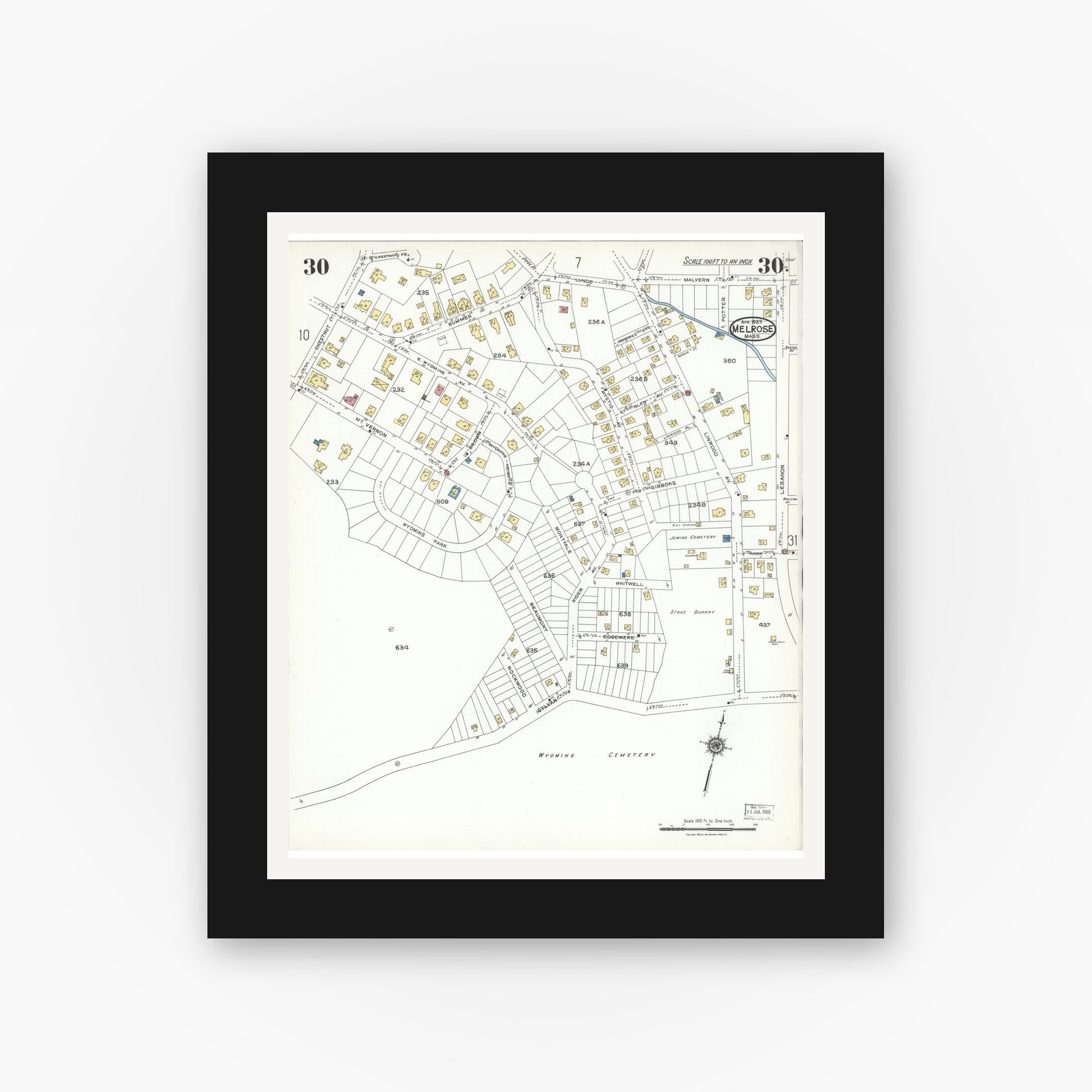 Old map wall art mockup — black gallery frame with white mat — Sanborn Fire Insurance Map from Melrose, Middlesex County, Massachusetts (1923), Sheet #0030