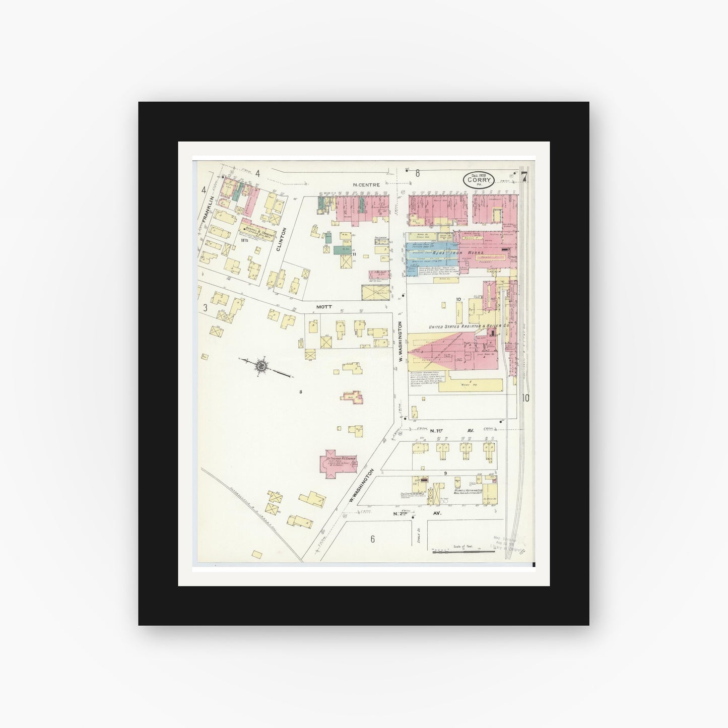 Old map wall art mockup — black gallery frame with white mat — Sanborn Fire Insurance Map from Corry, Erie County, Pennsylvania (1909), Sheet #0007