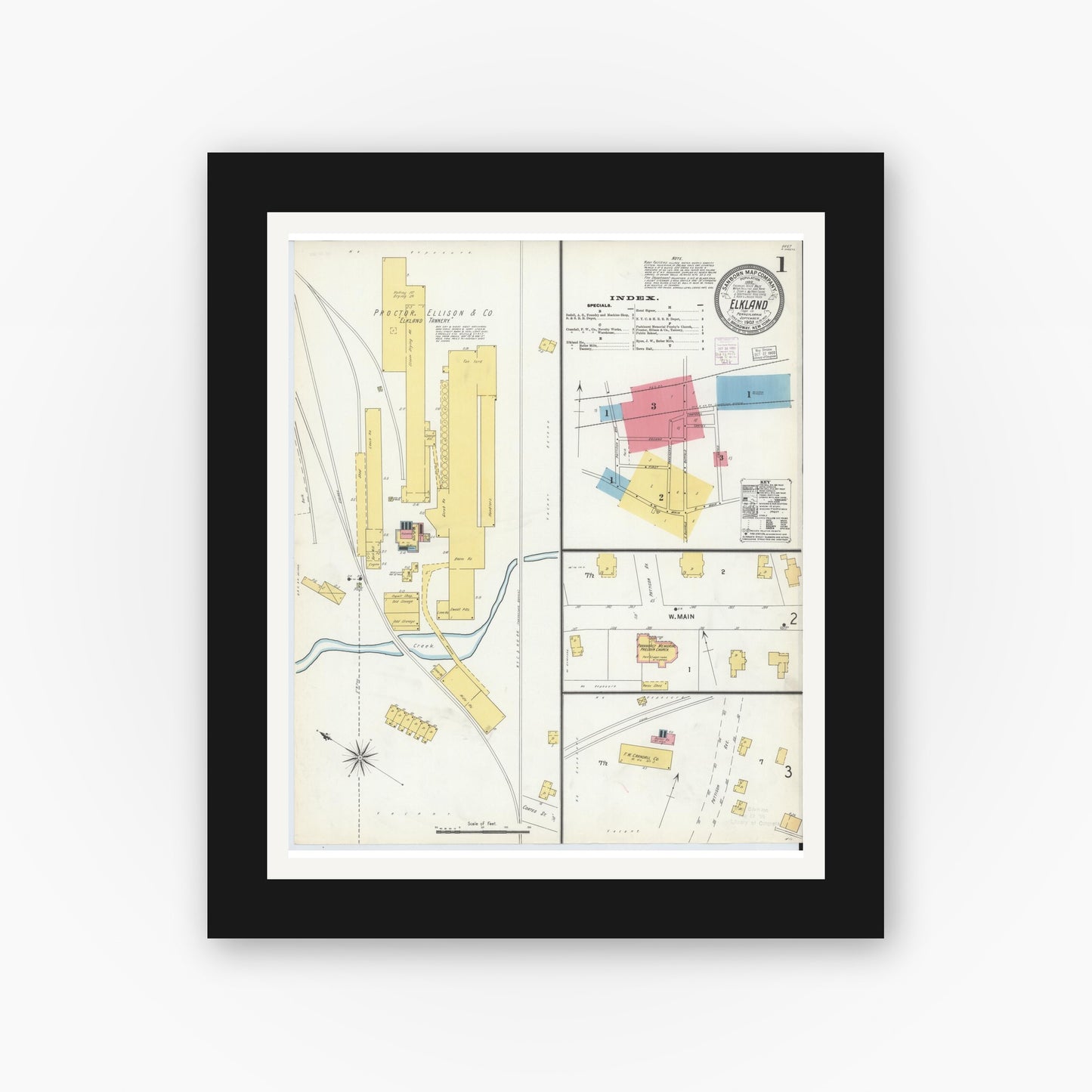 Old map wall art mockup — black gallery frame with white mat — Sanborn Fire Insurance Map from Elkland, Tioga County, Pennsylvania (1903) - Complete Map Set
