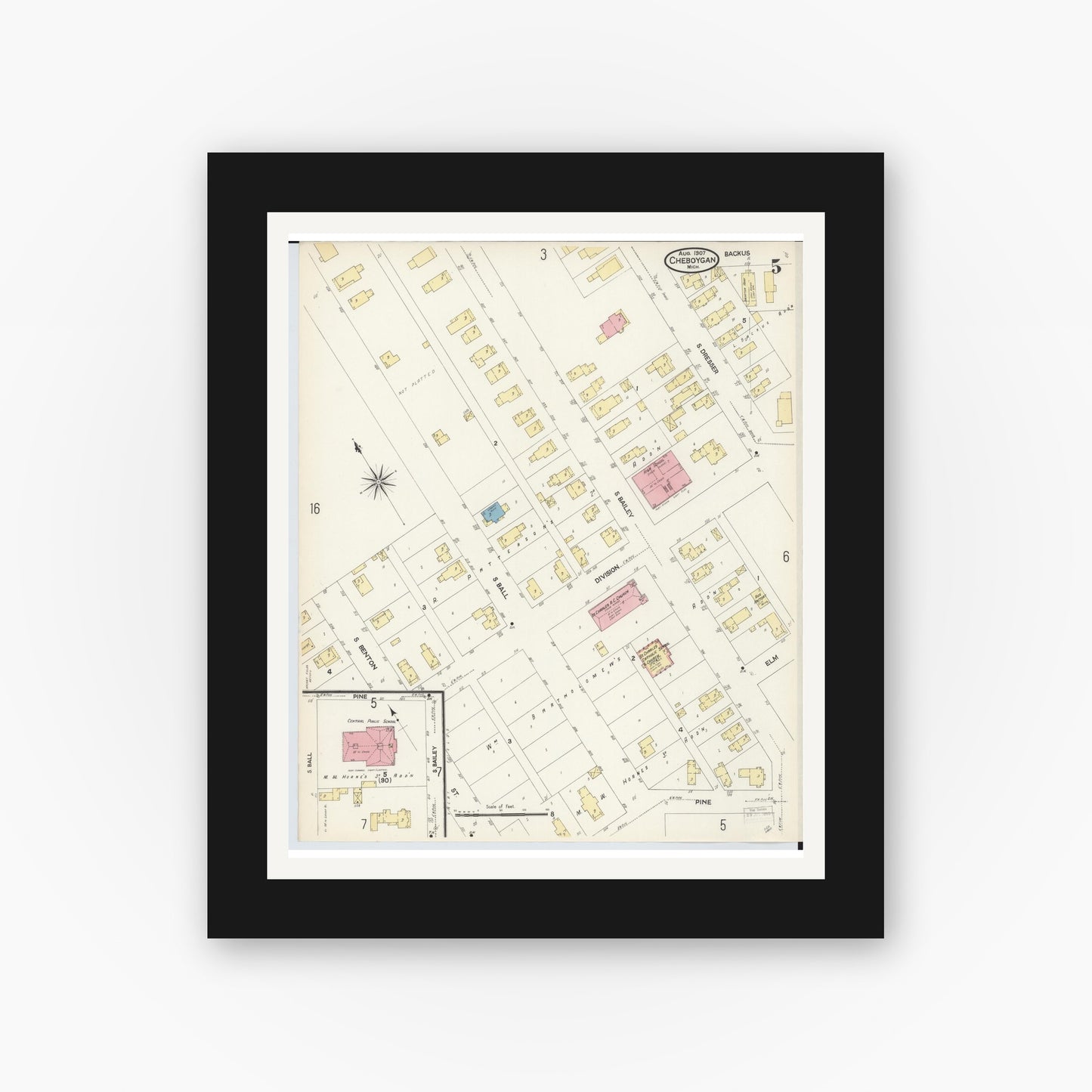 Old map wall art mockup — black gallery frame with white mat — Sanborn Fire Insurance Map from Cheboygan, Cheboygan County, Michigan (1907), Sheet #0005
