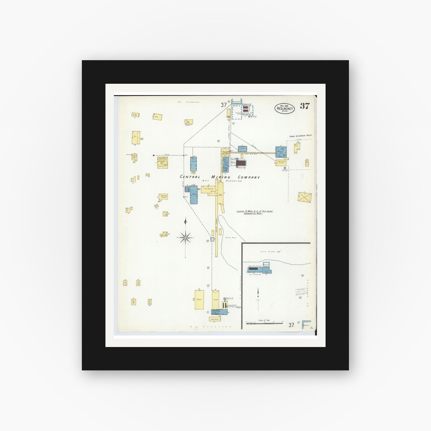 Old map wall art mockup — black gallery frame with white mat — Sanborn Fire Insurance Map from Red Jacket, Houghton County, Michigan (1908), Sheet #0037