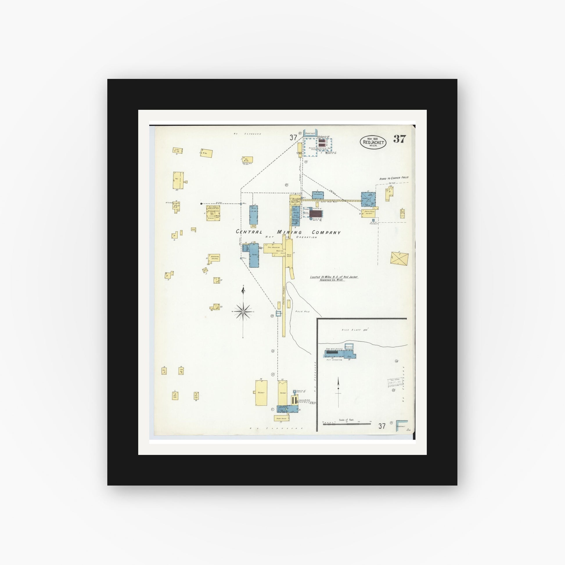 Old map wall art mockup — black gallery frame with white mat — Sanborn Fire Insurance Map from Red Jacket, Houghton County, Michigan (1908), Sheet #0037