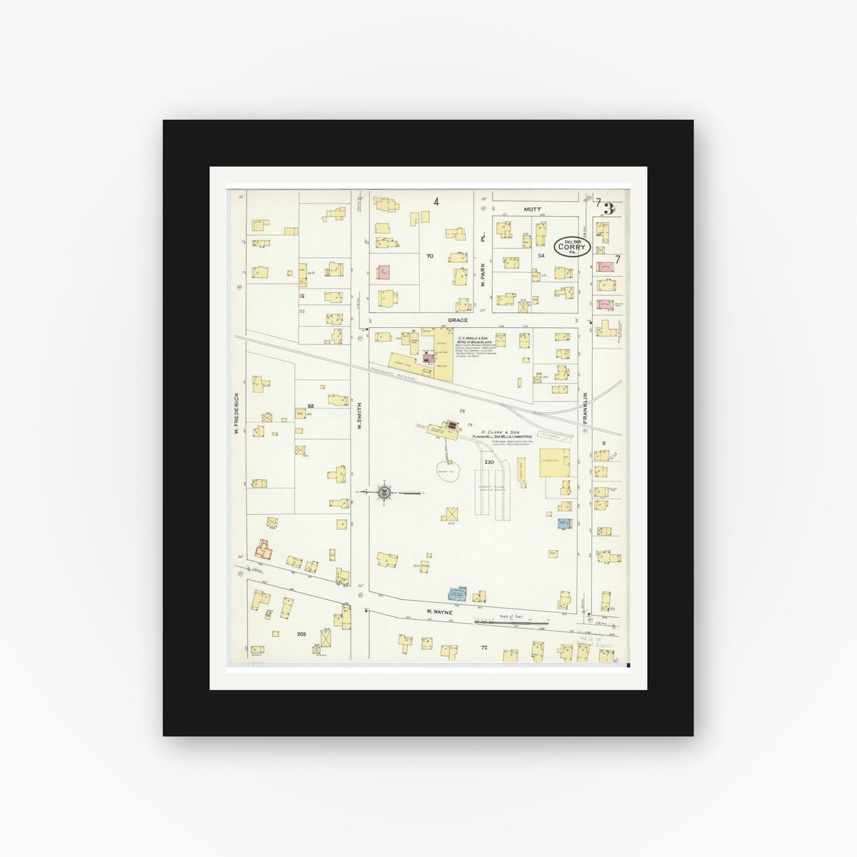 Old map wall art mockup — black gallery frame with white mat — Sanborn Fire Insurance Map from Corry, Erie County, Pennsylvania (1909), Sheet #0003