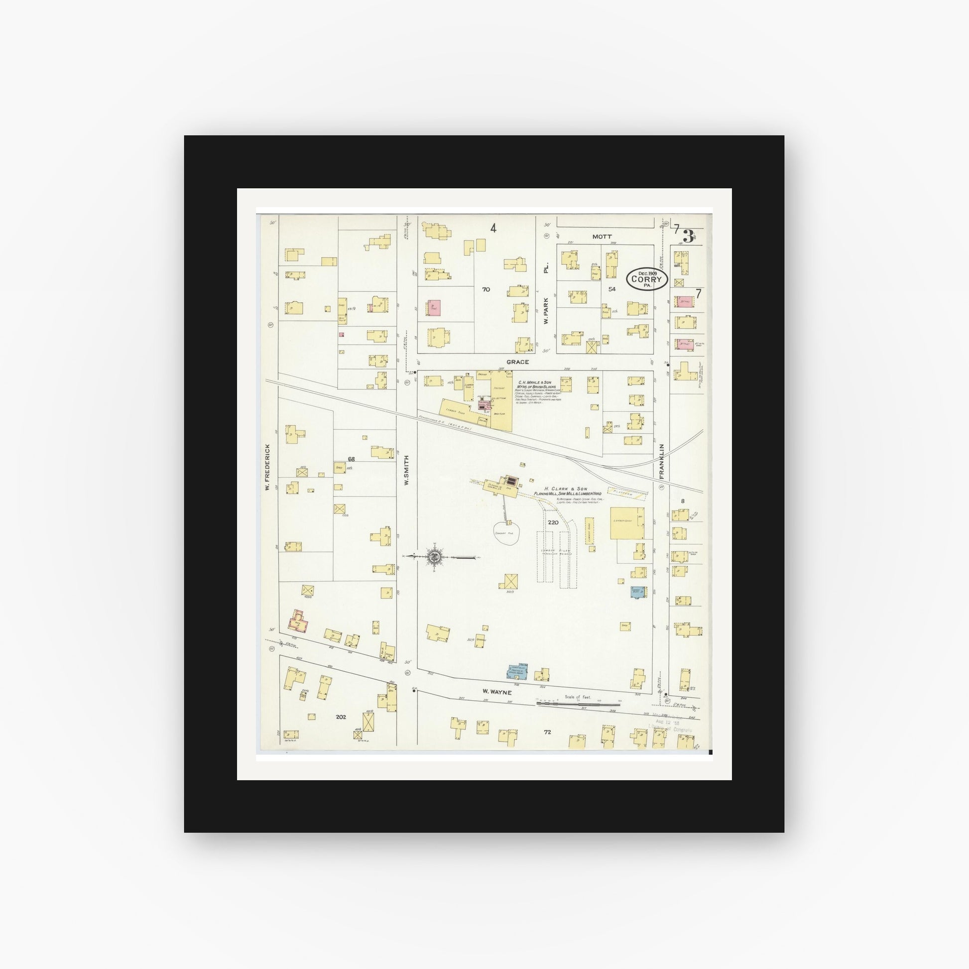 Old map wall art mockup — black gallery frame with white mat — Sanborn Fire Insurance Map from Corry, Erie County, Pennsylvania (1909), Sheet #0003