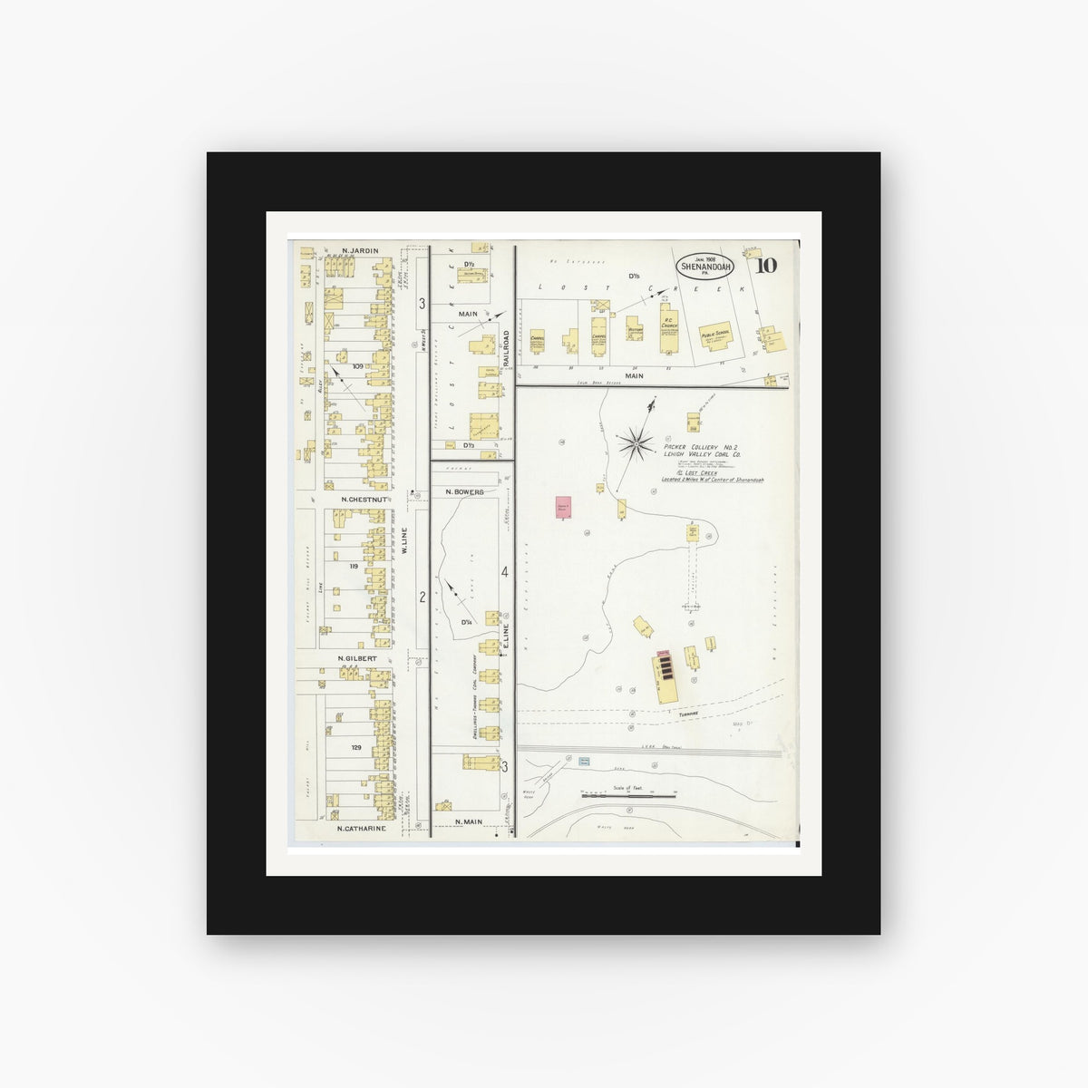 Old map wall art mockup — black gallery frame with white mat — Sanborn Fire Insurance Map from Shenandoah, Schuylkill County, Pennsylvania (1908), Sheet #0010
