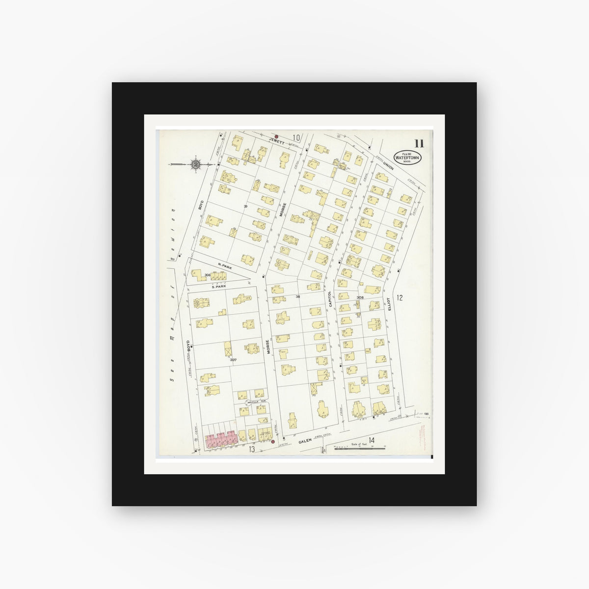 Old map wall art mockup — black gallery frame with white mat — Sanborn Fire Insurance Map from Watertown, Middlesex County, Massachusetts (1911), Sheet #0011