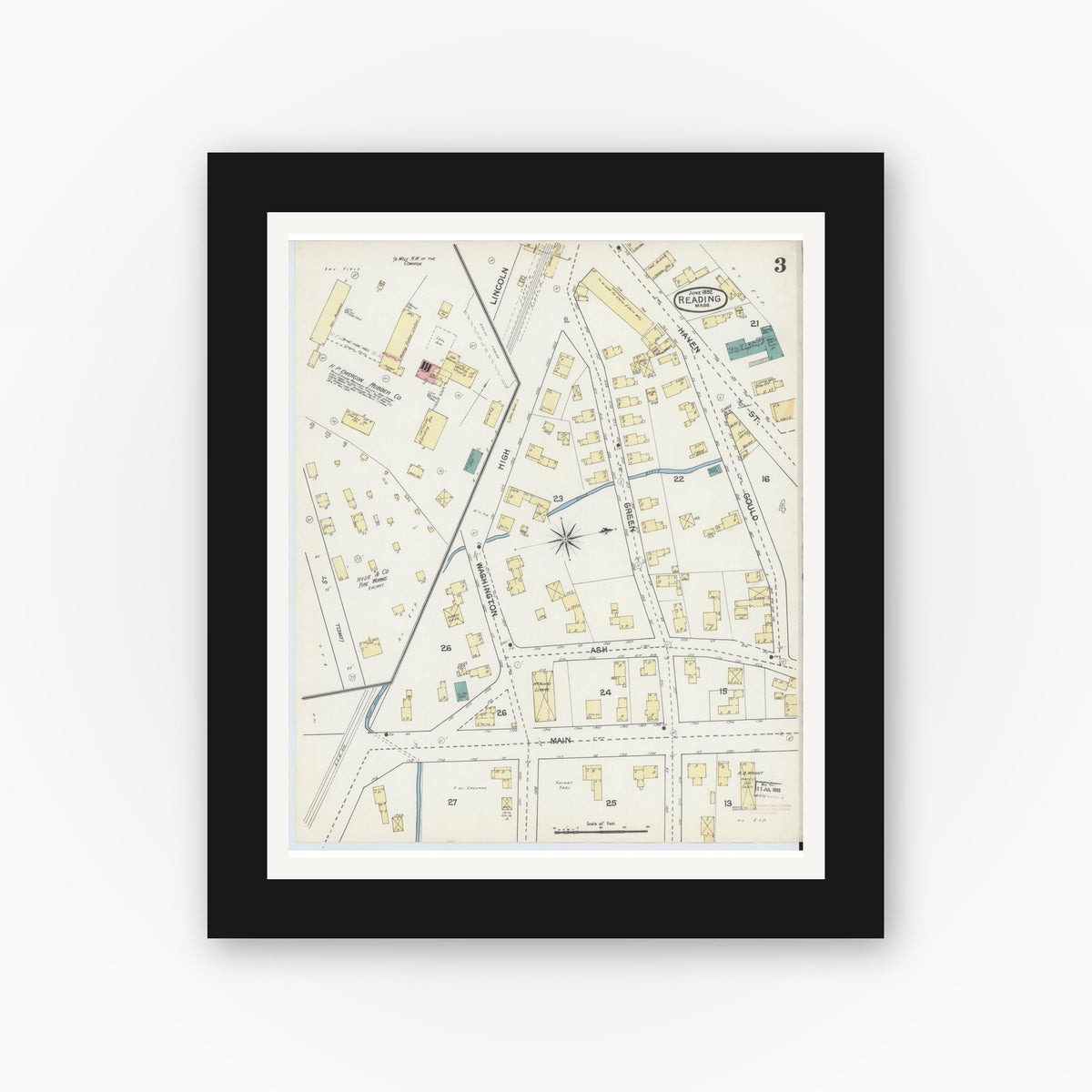 Old map wall art mockup — black gallery frame with white mat — Sanborn Fire Insurance Map from Reading, Middlesex County, Massachusetts (1892), Sheet #0003