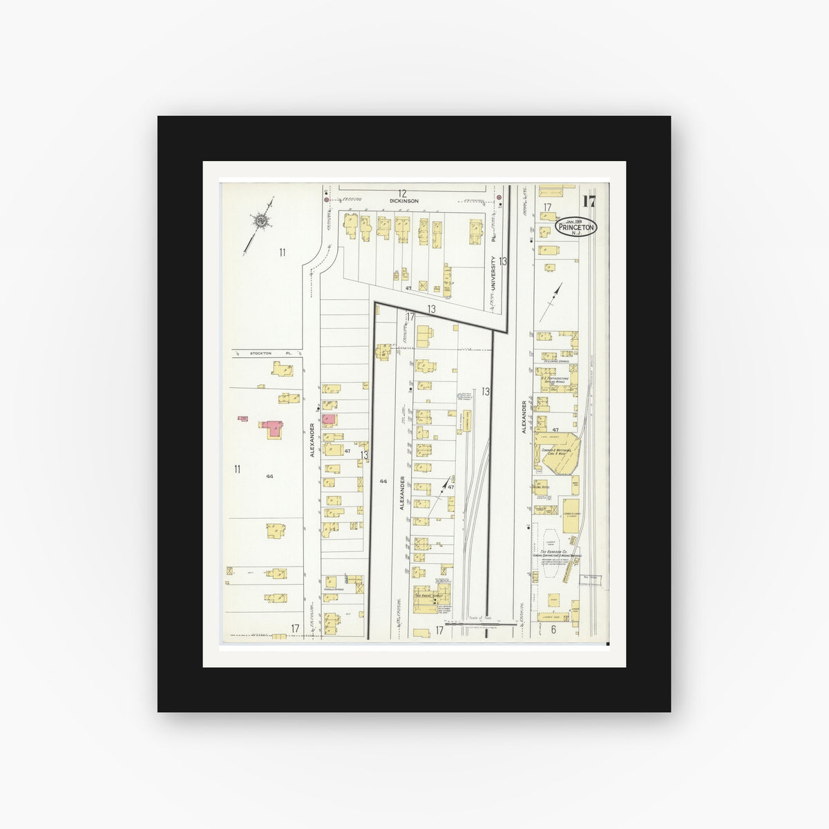 Old map wall art mockup — black gallery frame with white mat — Sanborn Fire Insurance Map from Princeton, Mercer County, New Jersey (1918), Sheet #0017