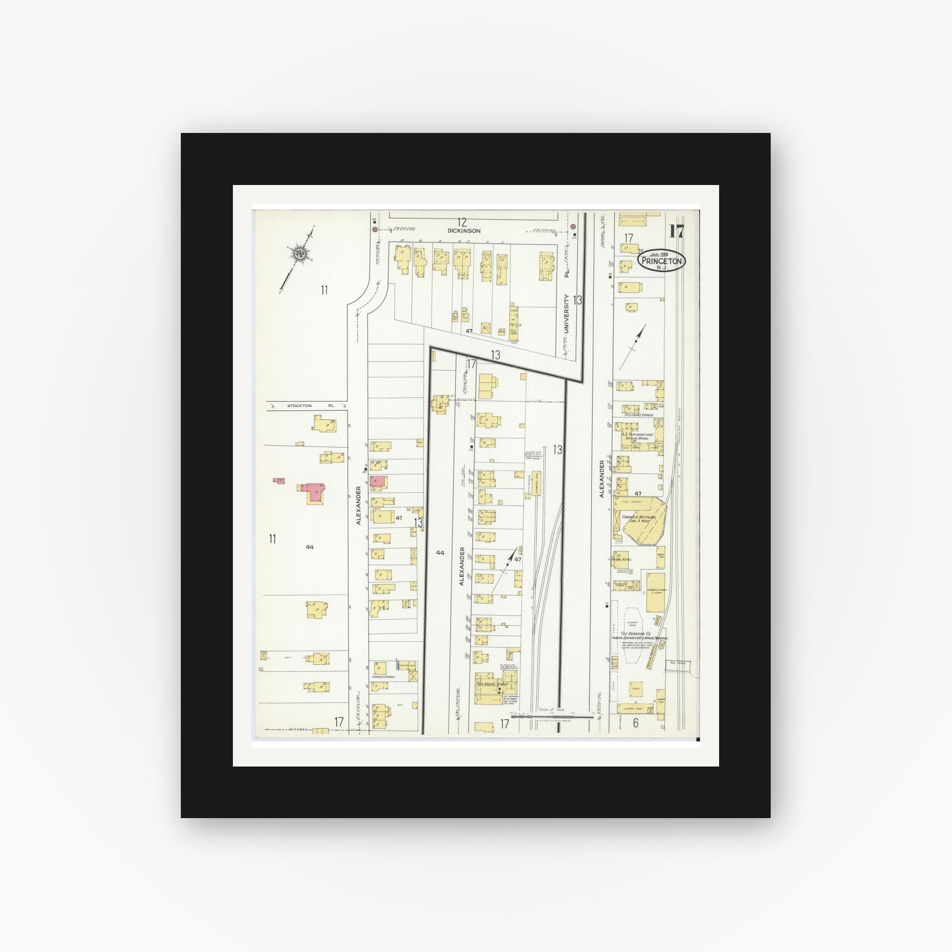 Old map wall art mockup — black gallery frame with white mat — Sanborn Fire Insurance Map from Princeton, Mercer County, New Jersey (1918), Sheet #0017