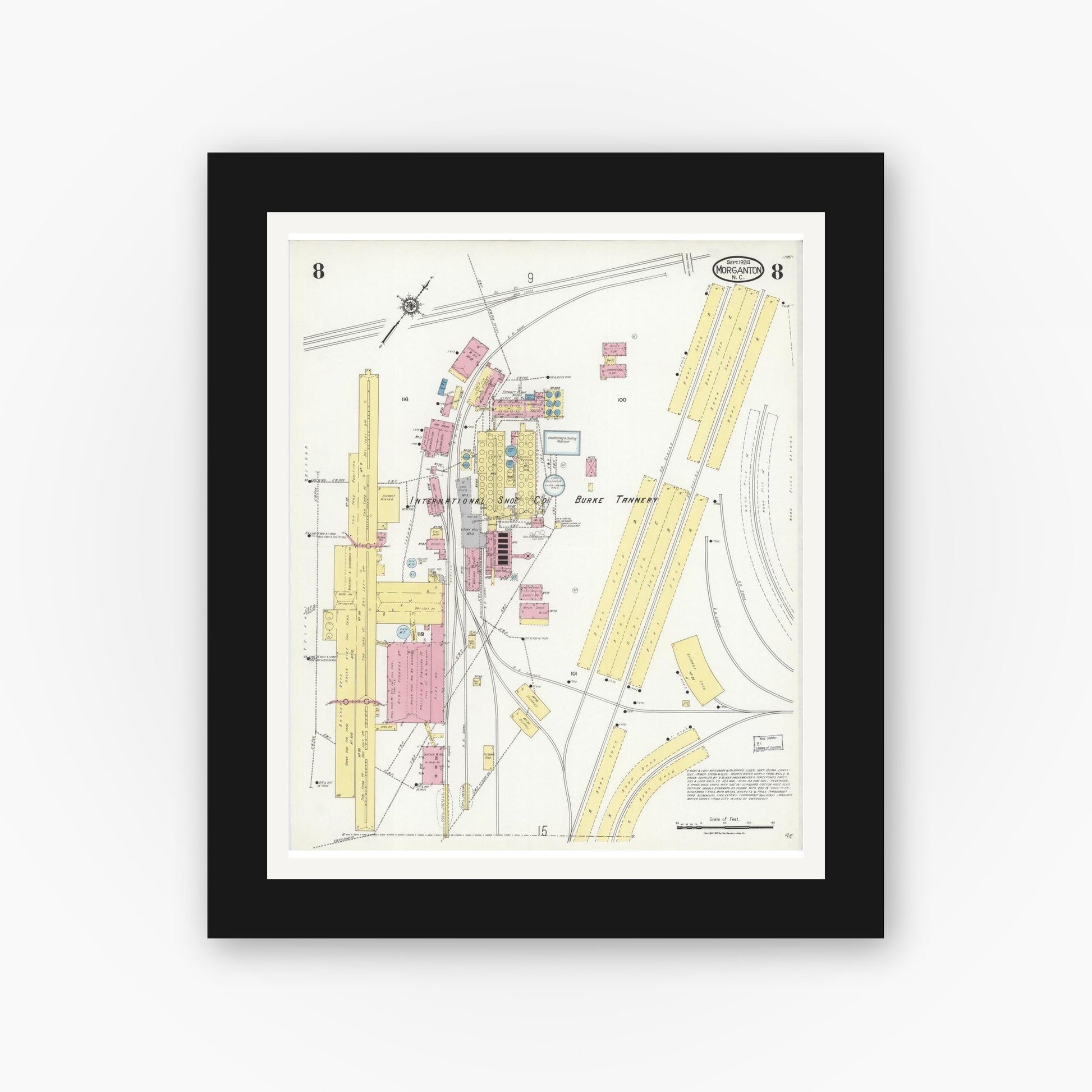 Old map wall art mockup — black gallery frame with white mat — Sanborn Fire Insurance Map from Morganton, Burke County, North Carolina (1924), Sheet #0008