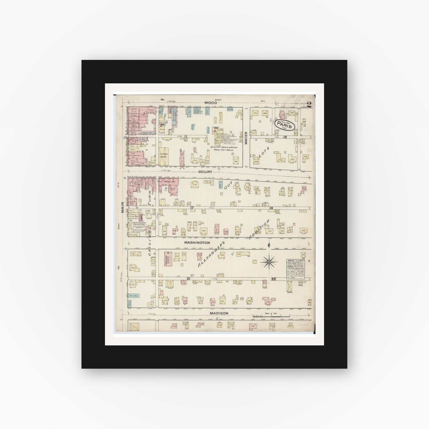 Old map wall art mockup — black gallery frame with white mat — Sanborn Fire Insurance Map from Paris, Edgar County, Illinois (1884), Sheet #0002