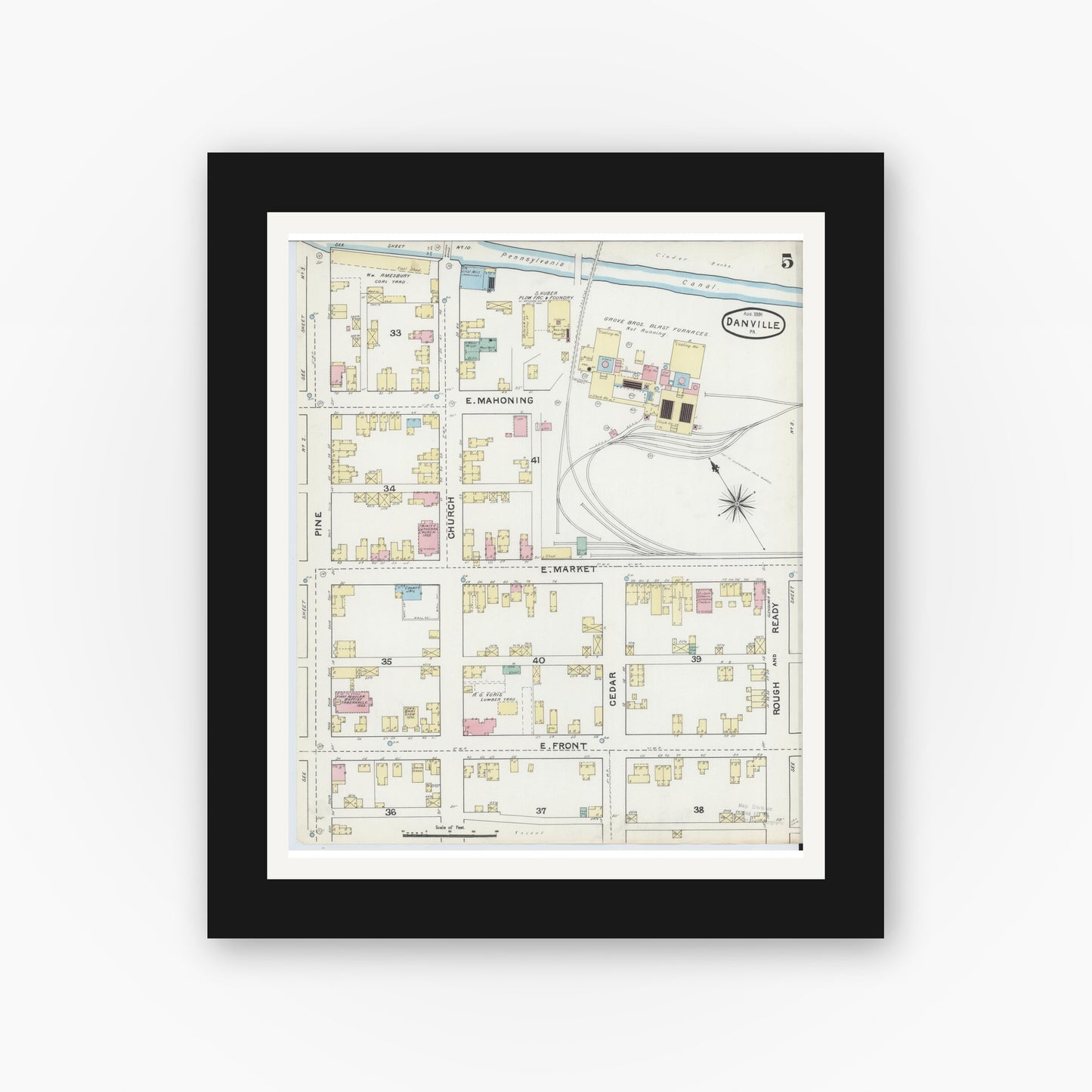 Old map wall art mockup — black gallery frame with white mat — Sanborn Fire Insurance Map from Danville, Montour County, Pennsylvania (1891), Sheet #0005