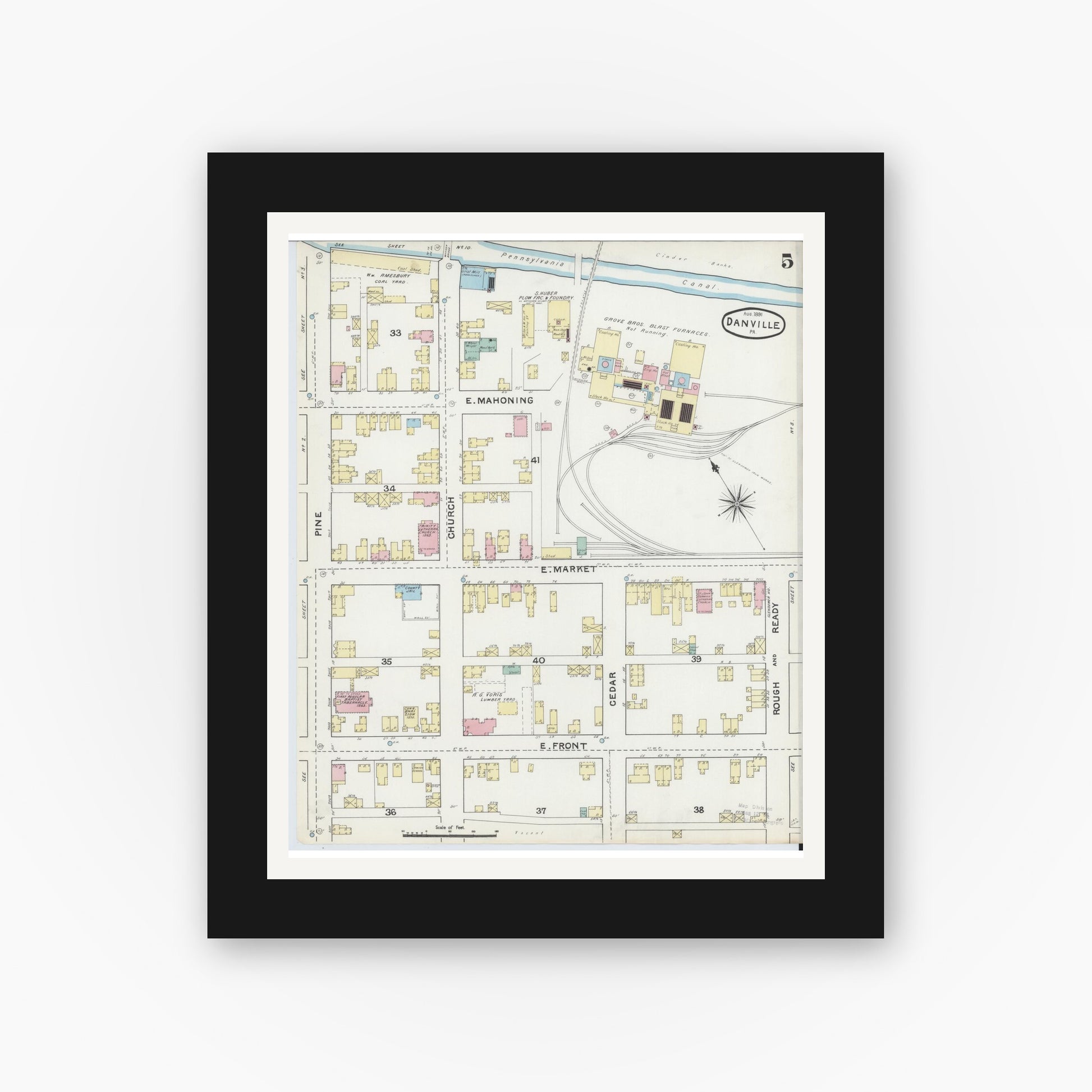 Old map wall art mockup — black gallery frame with white mat — Sanborn Fire Insurance Map from Danville, Montour County, Pennsylvania (1891), Sheet #0005