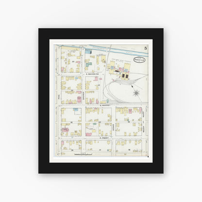 Old map wall art mockup — black gallery frame with white mat — Sanborn Fire Insurance Map from Danville, Montour County, Pennsylvania (1891), Sheet #0005