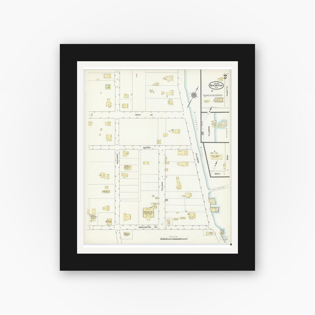 Old map wall art mockup — black gallery frame with white mat — Sanborn Fire Insurance Map from New Smyrna, Valusia County, Florida (1912), Sheet #0002
