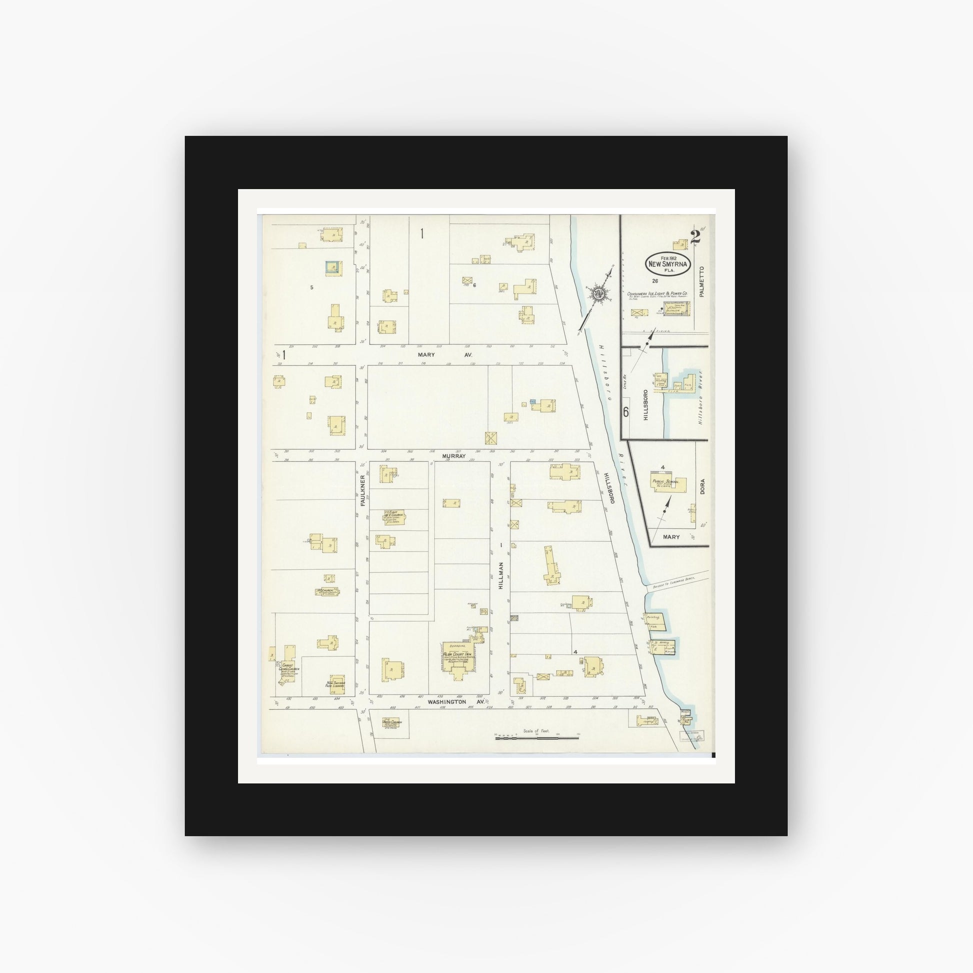 Old map wall art mockup — black gallery frame with white mat — Sanborn Fire Insurance Map from New Smyrna, Valusia County, Florida (1912), Sheet #0002