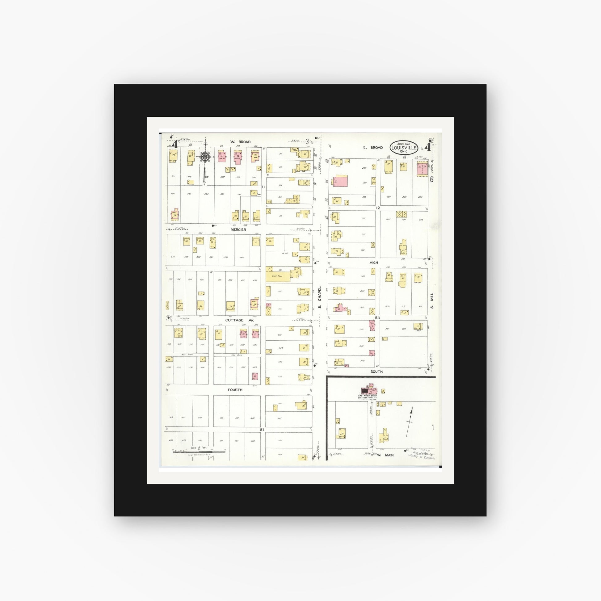 Old map wall art mockup — black gallery frame with white mat — Sanborn Fire Insurance Map from Louisville, Stark County, Ohio (1923), Sheet #0004