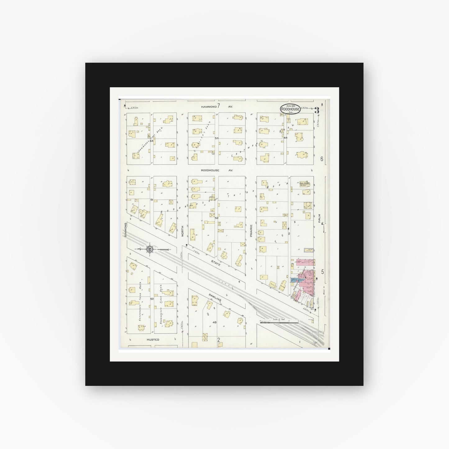 Old map wall art mockup — black gallery frame with white mat — Sanborn Fire Insurance Map from Roodhouse, Greene County, Illinois (1914), Sheet #0003