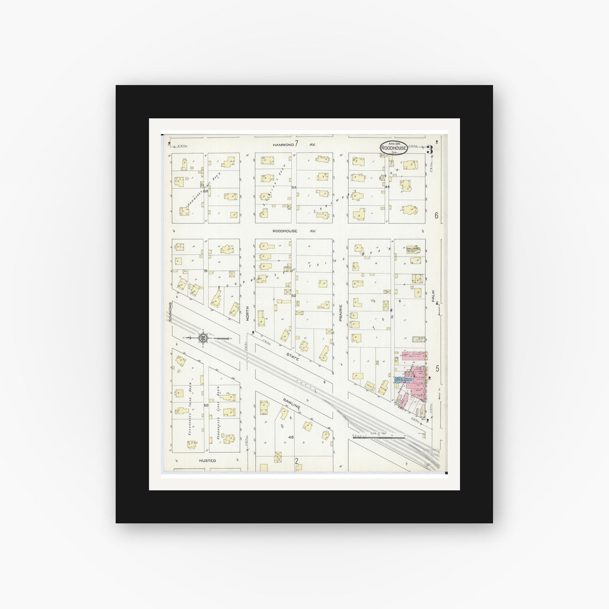 Old map wall art mockup — black gallery frame with white mat — Sanborn Fire Insurance Map from Roodhouse, Greene County, Illinois (1914), Sheet #0003