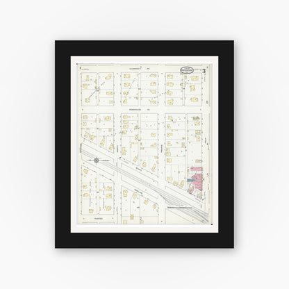 Old map wall art mockup — black gallery frame with white mat — Sanborn Fire Insurance Map from Roodhouse, Greene County, Illinois (1914), Sheet #0003