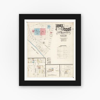 Old map wall art mockup — black gallery frame with white mat — Sanborn Fire Insurance Map from Fort Dodge, Webster County, Iowa (1885), Sheet #0001