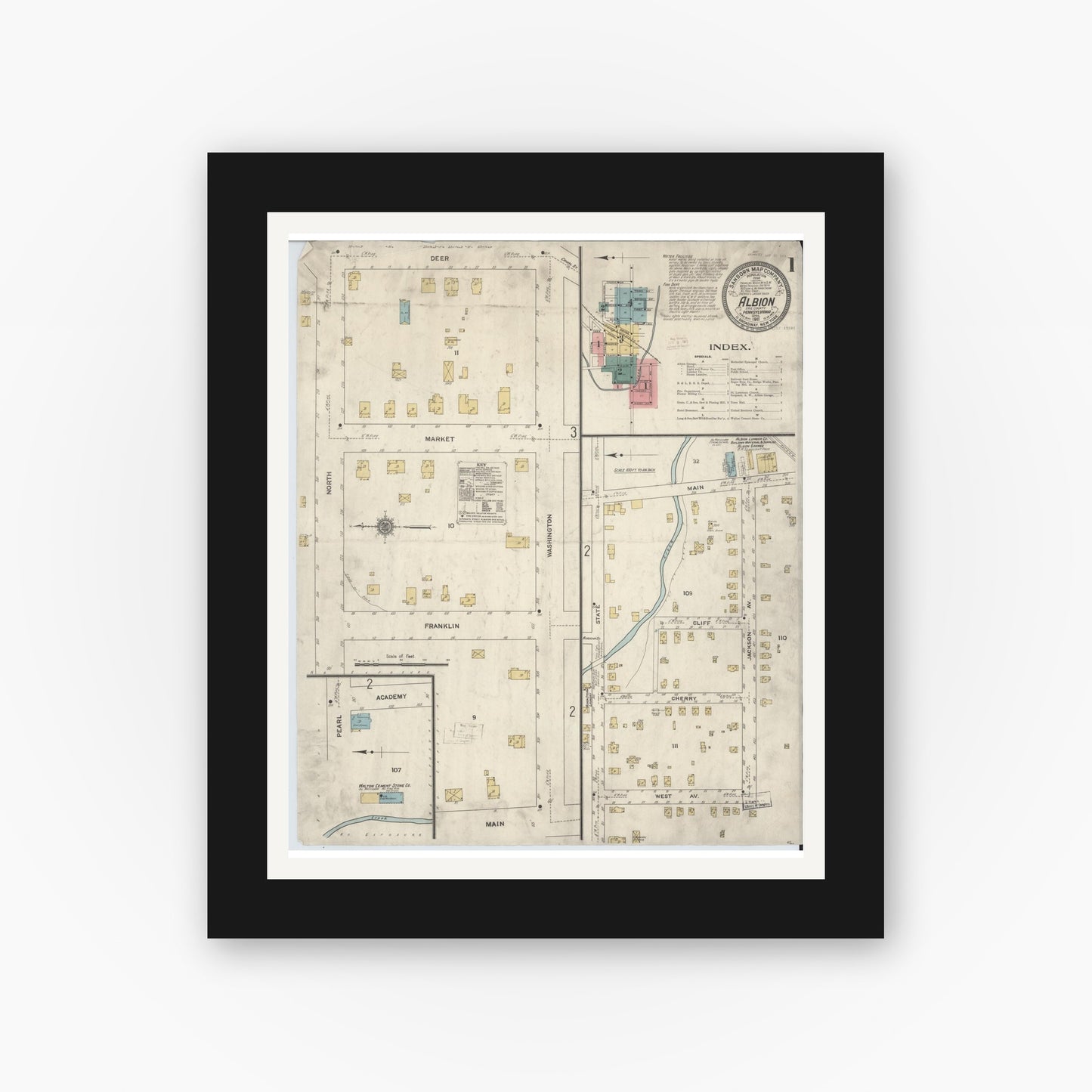 Old map wall art mockup — black gallery frame with white mat — Sanborn Fire Insurance Map from Albion, Erie County, Pennsylvania (1911) - Complete Map Set
