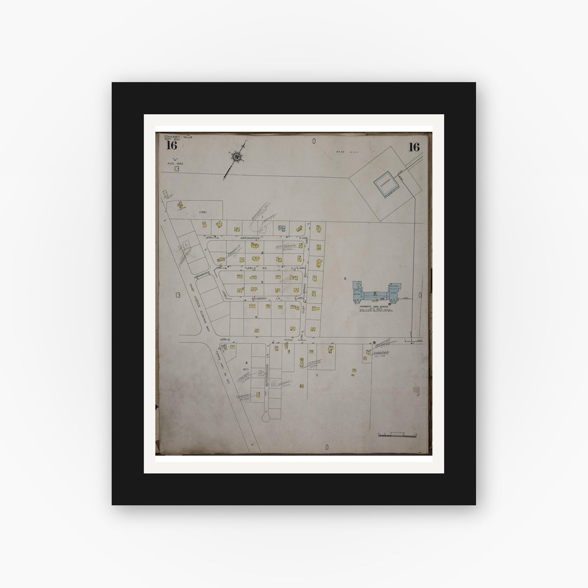 Old map wall art mockup — black gallery frame with white mat — Sanborn Fire Insurance Map from Cohasset, Norfolk County, Massachusetts (1952), Sheet #0016