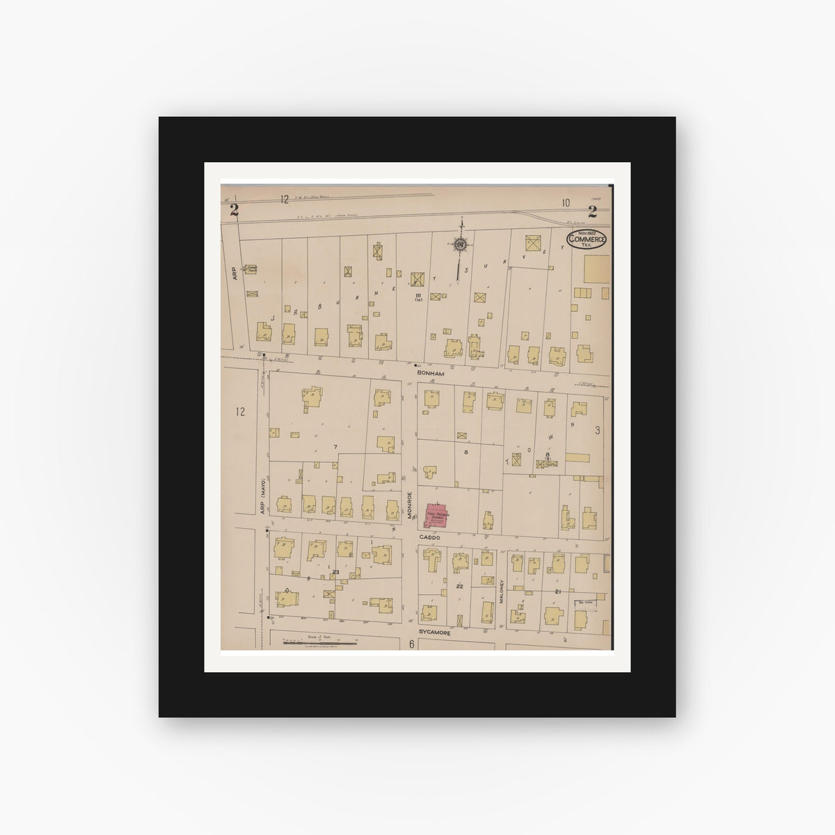 Old map wall art mockup — black gallery frame with white mat — Sanborn Fire Insurance Map from Commerce, Hunt County, Texas (1922), Sheet #0002
