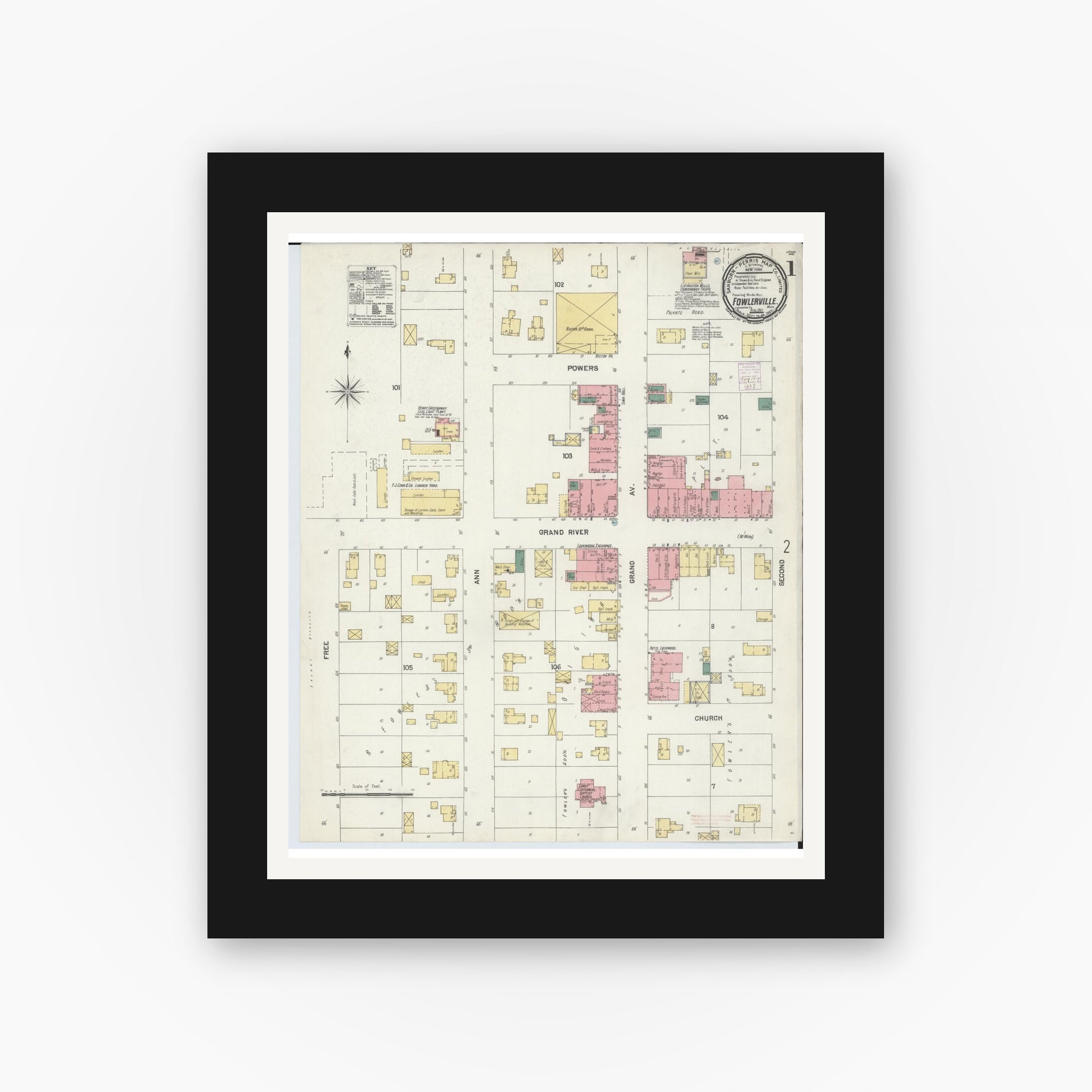 Old map wall art mockup — black gallery frame with white mat — Sanborn Fire Insurance Map from Fowlerville, Livingston County, Michigan (1901) - Complete Map Set