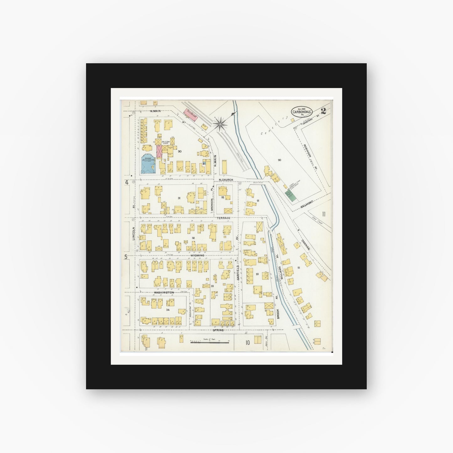 Old map wall art mockup — black gallery frame with white mat — Sanborn Fire Insurance Map from Carbondale, Lackawanna County, Pennsylvania (1903), Sheet #0002