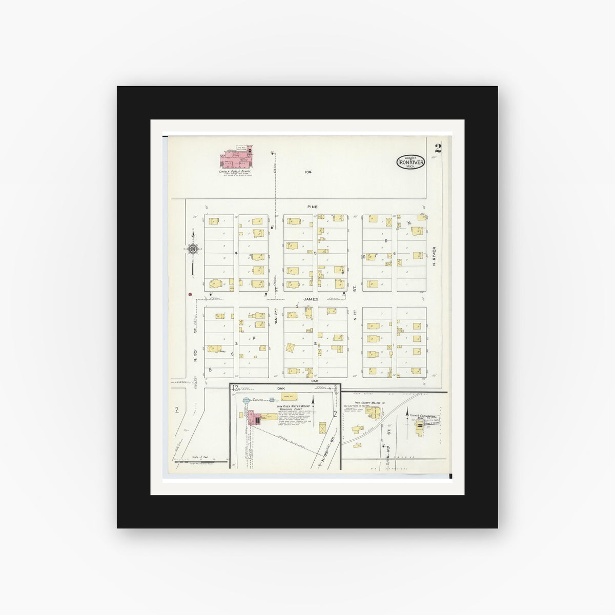 Old map wall art mockup — black gallery frame with white mat — Sanborn Fire Insurance Map from Iron River, Iron County, Michigan (1917), Sheet #0002