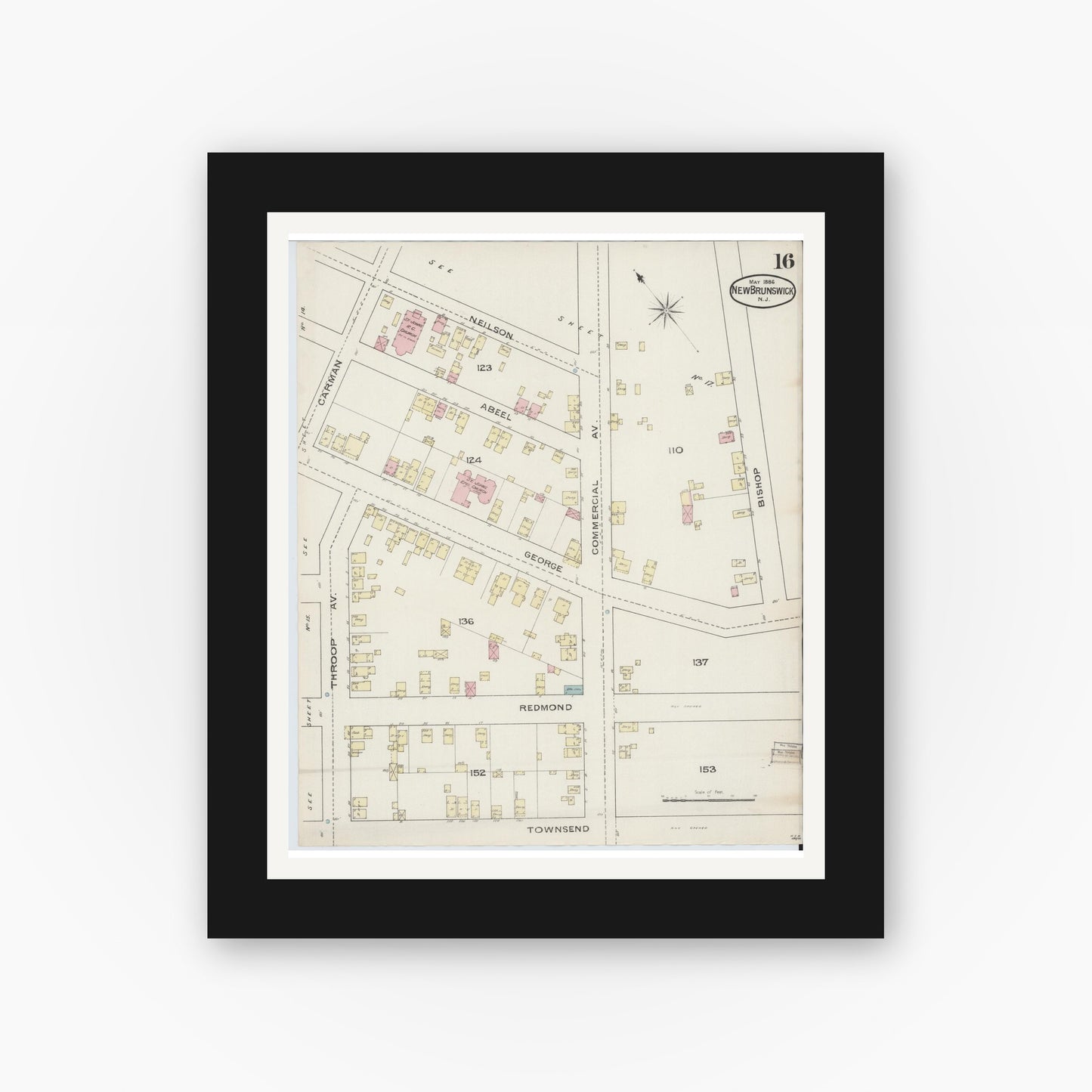 Old map wall art mockup — black gallery frame with white mat — Sanborn Fire Insurance Map from New Brunswick, Middlesex County, New Jersey (1886), Sheet #0016