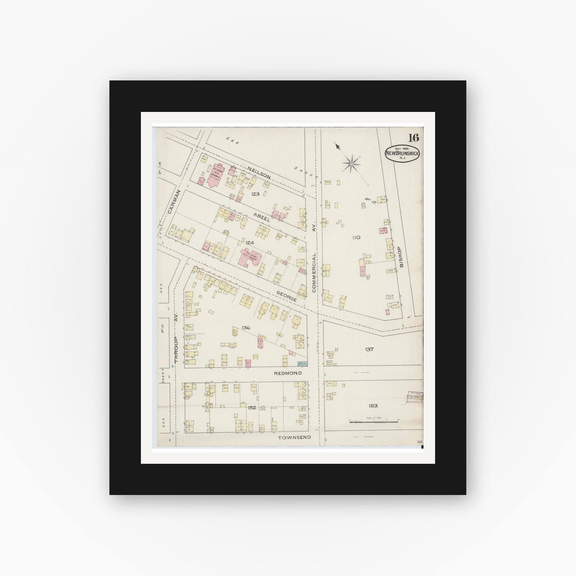Old map wall art mockup — black gallery frame with white mat — Sanborn Fire Insurance Map from New Brunswick, Middlesex County, New Jersey (1886), Sheet #0016