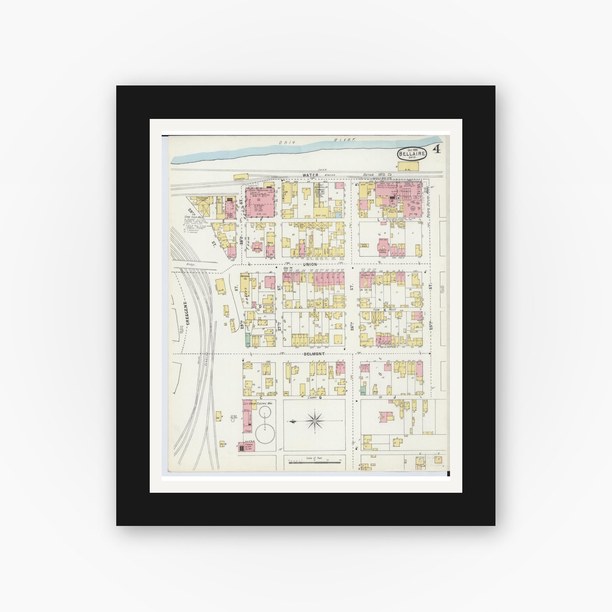 Old map wall art mockup — black gallery frame with white mat — Sanborn Fire Insurance Map from Bellaire, Belmont County, Ohio (1895), Sheet #0004