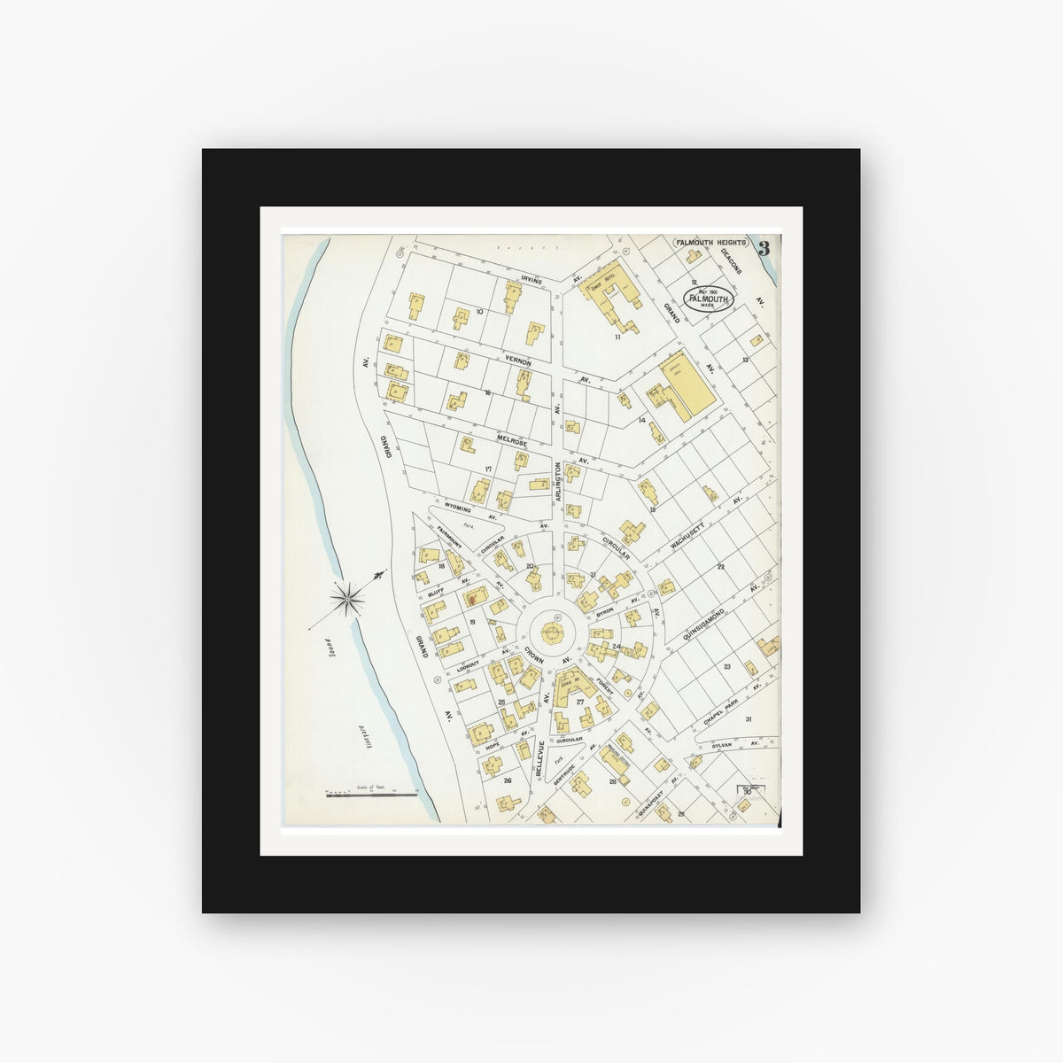 Old map wall art mockup — black gallery frame with white mat — Sanborn Fire Insurance Map from Falmouth, Barnstable County, Massachusetts (1901), Sheet #0003