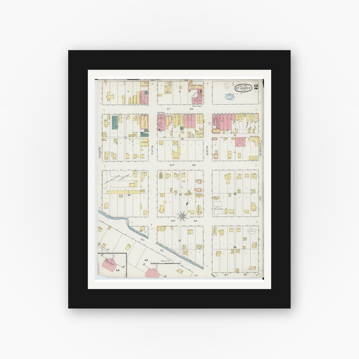 Old map wall art mockup — black gallery frame with white mat — Sanborn Fire Insurance Map from Saint James, Watonwan County, Minnesota (1894), Sheet #0002