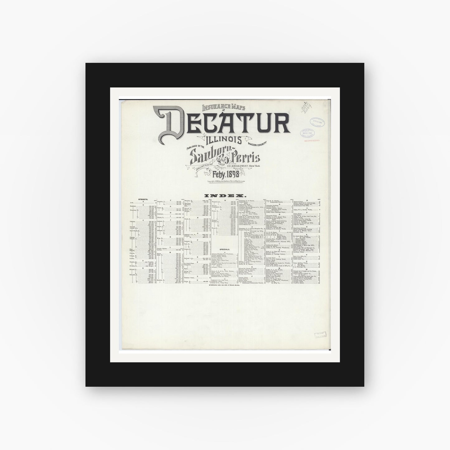 Old map wall art mockup — black gallery frame with white mat — Sanborn Fire Insurance Map from Decatur, Macon County, Illinois (1898), Sheet #0001