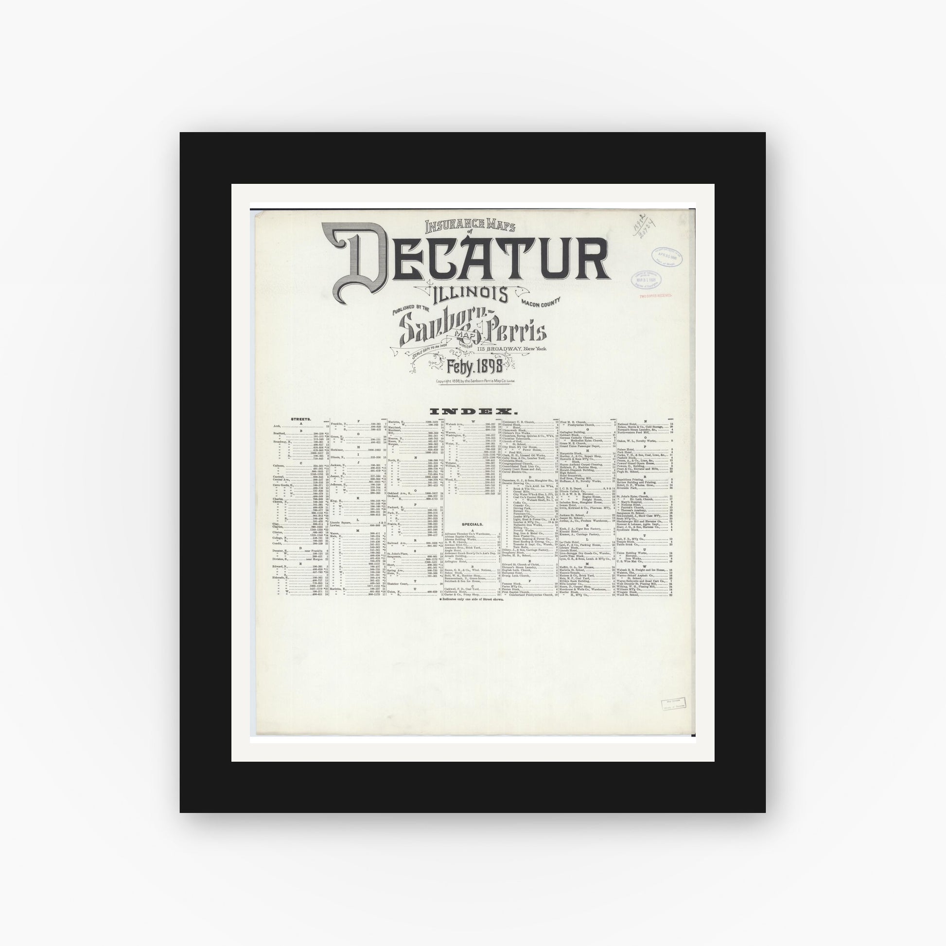 Old map wall art mockup — black gallery frame with white mat — Sanborn Fire Insurance Map from Decatur, Macon County, Illinois (1898), Sheet #0001