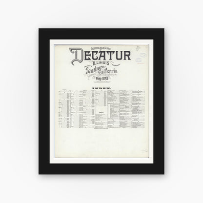 Old map wall art mockup — black gallery frame with white mat — Sanborn Fire Insurance Map from Decatur, Macon County, Illinois (1898), Sheet #0001