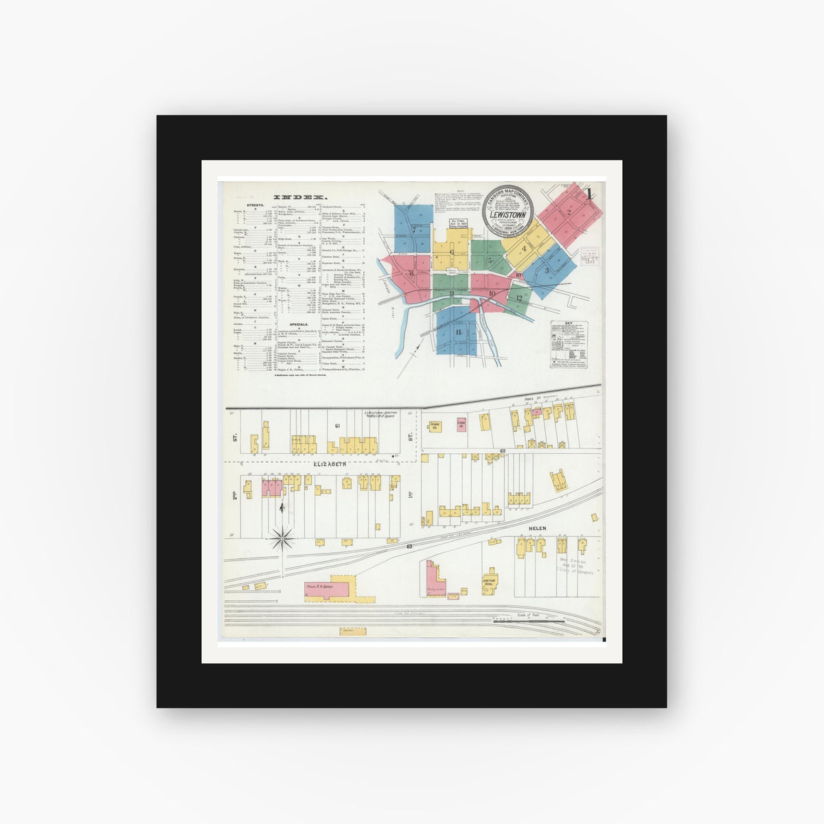 Old map wall art mockup — black gallery frame with white mat — Sanborn Fire Insurance Map from Lewistown, Mifflin County, Pennsylvania (1904) - Complete Map Set