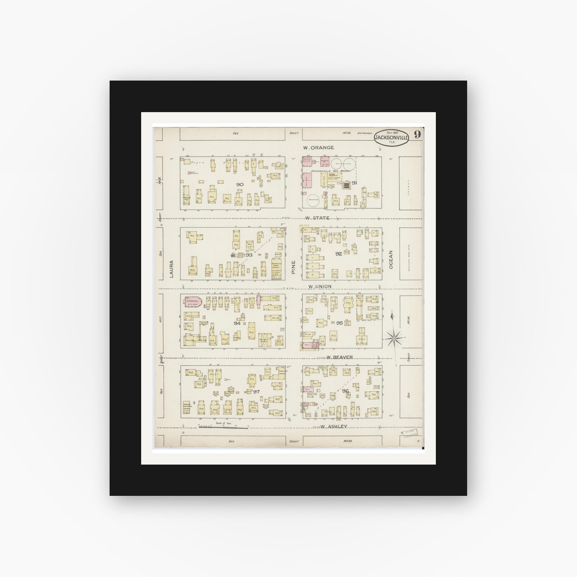 Old map wall art mockup — black gallery frame with white mat — Sanborn Fire Insurance Map from Jacksonville, Duval County, Florida (1887), Sheet #0009