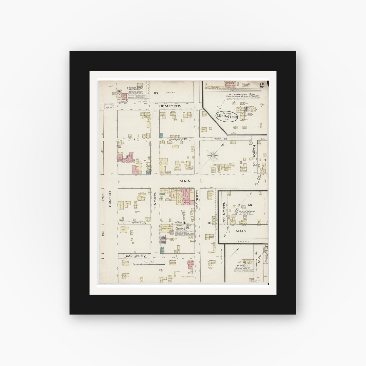 Old map wall art mockup — black gallery frame with white mat — Sanborn Fire Insurance Map from Lexington, Davidson County, North Carolina (1885), Sheet #0002
