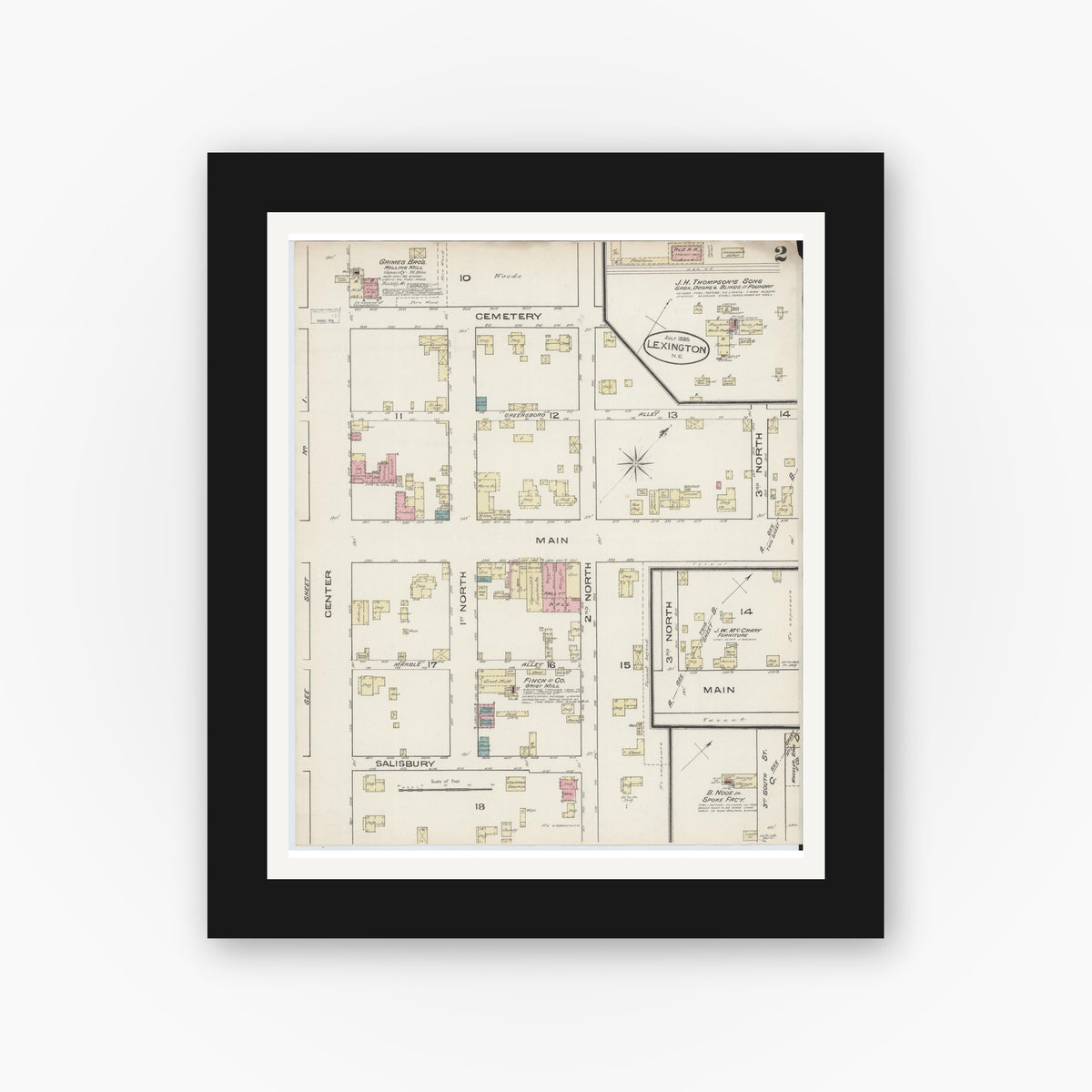 Old map wall art mockup — black gallery frame with white mat — Sanborn Fire Insurance Map from Lexington, Davidson County, North Carolina (1885), Sheet #0002