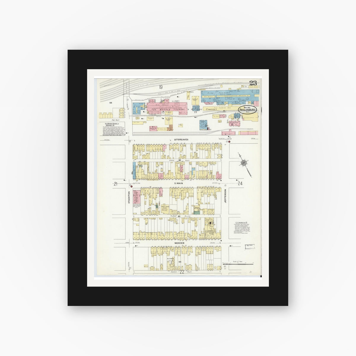 Old map wall art mockup — black gallery frame with white mat — Sanborn Fire Insurance Map from Phillipsburg, Warren County, New Jersey (1910), Sheet #0023